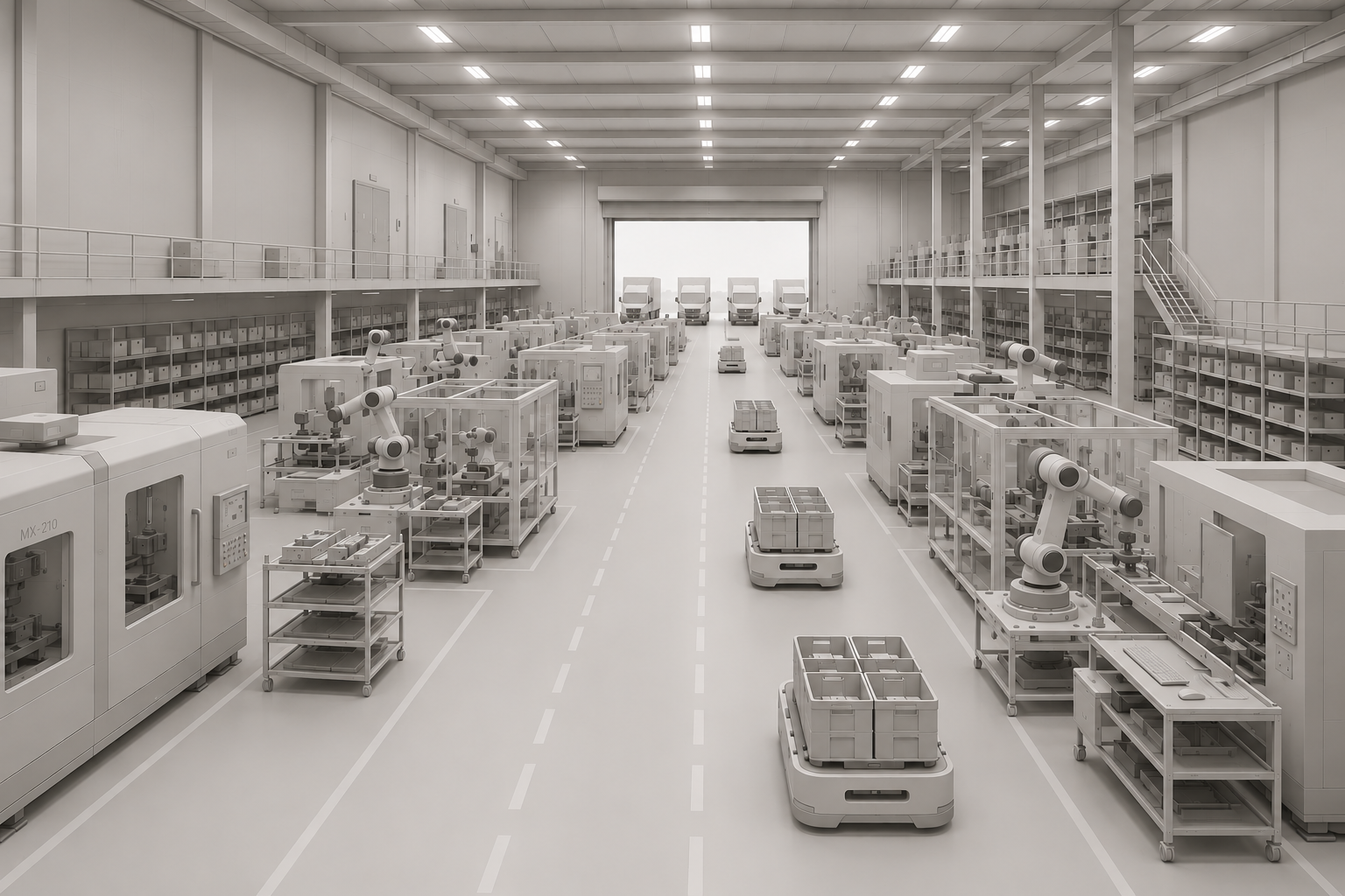 Zawr Autonomous Smart Factory Floor Monochrome Landscape View